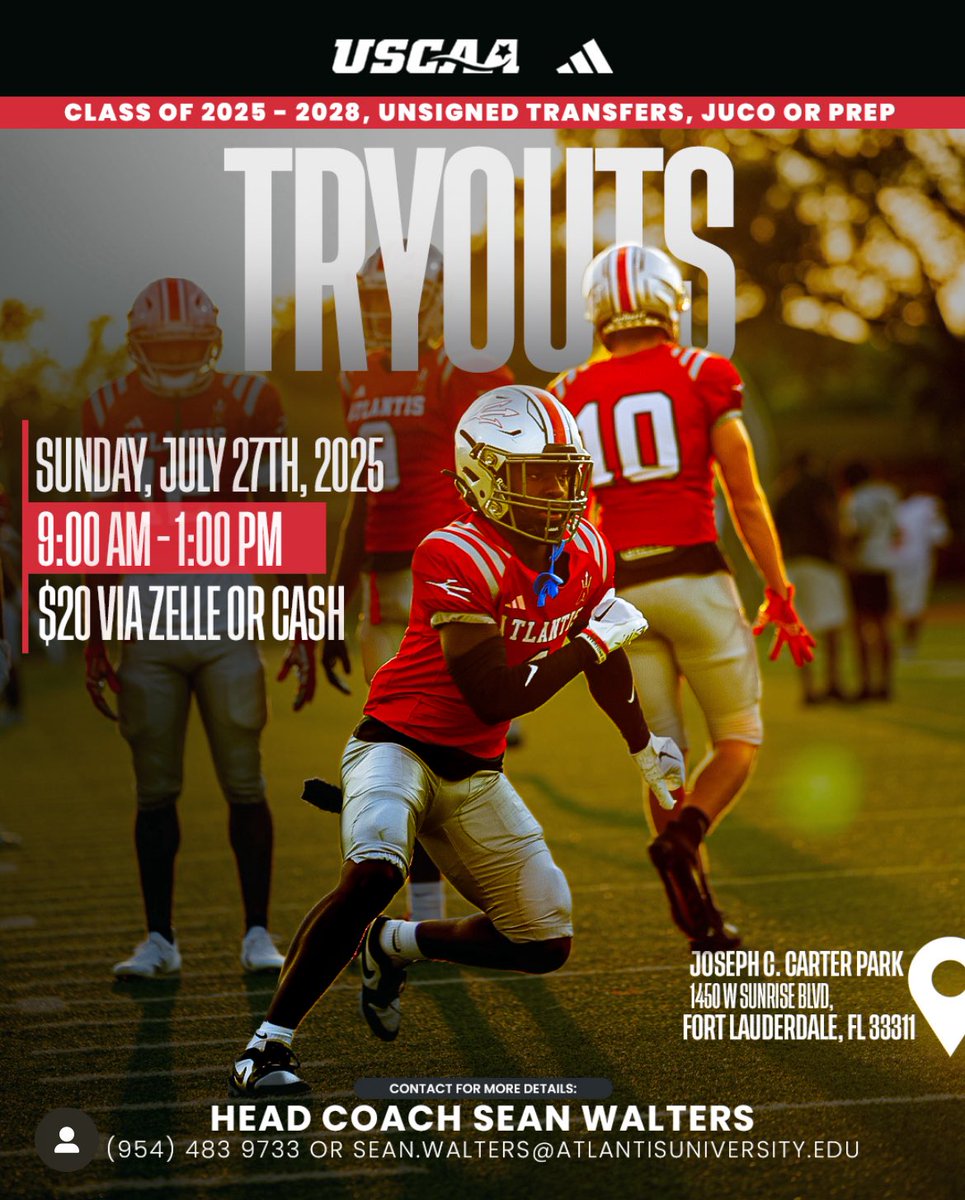 Sean Walters (@coachswalters) on Twitter photo 🚨Atlantis Football Unsigned prospect
camp🚨
Register now using this link:
form.jotform.com/242785853080160
📍Camp Location:
Joseph C. Carter Park: 1450 W Sunrise Blvd
Fort Lauderdale, FL  33311
United States
Camp Fee: $20 payment by Zelle or Cash due at the time of check in.
⏰ 🚨Atlantis Football Unsigned prospect
camp🚨
Register now using this link:
form.jotform.com/242785853080160
📍Camp Location:
Joseph C. Carter Park: 1450 W Sunrise Blvd
Fort Lauderdale, FL  33311
United States
Camp Fee: $20 payment by Zelle or Cash due at the time of check in.
⏰