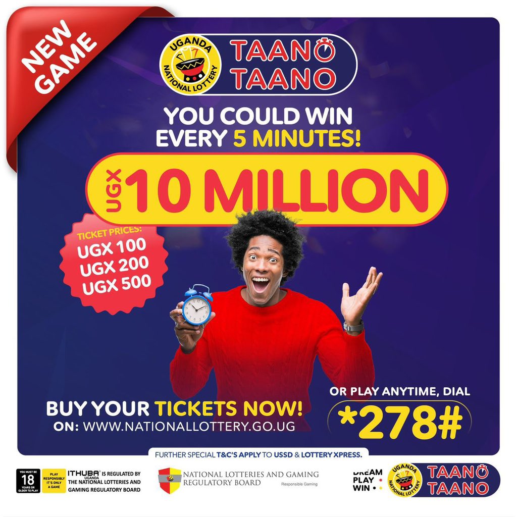 Imrababy's tweet image. This is your chance to win up to UGX 10 MILLION every 5 minutes is here.
Play #TAANOTAANO now online by visiting shorturl.at/gkk8i or by dialing *278# to select your lucky numbers.
🔞 powered by ITHUBA.
#UgandaNationalLottery