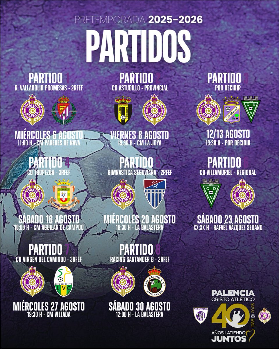 ⚽️🏋️|PRETEMPORADA
Queda poquito para comenzar 😃 y muchas ganas de que esto empiece

¡Aquí las fechas de los amistosos que jugaremos esta pretemporada! 📆

#40AñosLatiendo
#lahistoriacontinua 💜