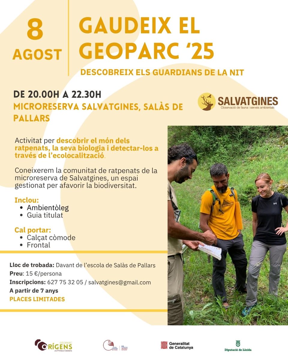 Geoparc Orígens (@geoparcorigens) on Twitter photo 🦇 #GaudeixElGeoparc25
Coneix els ratpenats, la seva ecolocalització i el seu paper a la biodiversitat amb <a href="/salvatgines/">Salvatgines</a>🌿
📍 Escola de Salàs
🕗 8 d’agost - 20h a 22.30 h
💶 15 €/persona
👶 A partir de 7 anys
📩 627753205 / salvatgines@gmail.com
⚠️ Places limitades! 🦇 #GaudeixElGeoparc25
Coneix els ratpenats, la seva ecolocalització i el seu paper a la biodiversitat amb <a href="/salvatgines/">Salvatgines</a>🌿
📍 Escola de Salàs
🕗 8 d’agost - 20h a 22.30 h
💶 15 €/persona
👶 A partir de 7 anys
📩 627753205 / salvatgines@gmail.com
⚠️ Places limitades!
