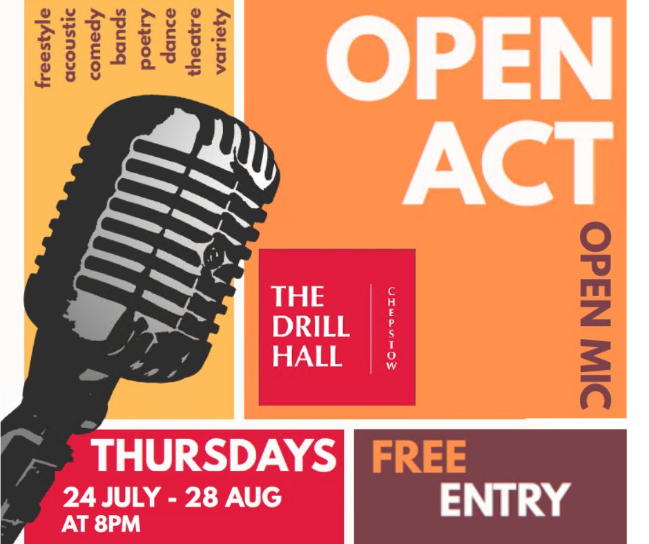 ChepstowTC's tweet image. Open Mic Nights Are Coming!
Visit The Drill Hall for a weekly celebration of incredible local talent! It’s a relaxed, welcoming space to perform or sit back, grab a drink, and enjoy a night of entertainment.
Thursdays, 24th July – 28th August
Doors open 7pm
FREE ENTRY!