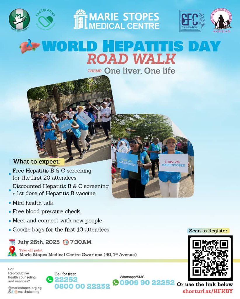 In commemoration of World Hepatitis Day 2025, we are pleased to invite you to join us for our Hepatitis Awareness Walk, aimed at raising awareness on the importance of hepatitis prevention, screening, and vaccination.
#OneLiverOneLife
#HepatitisDay2025
#ASWHANWomen
#MarieStopes