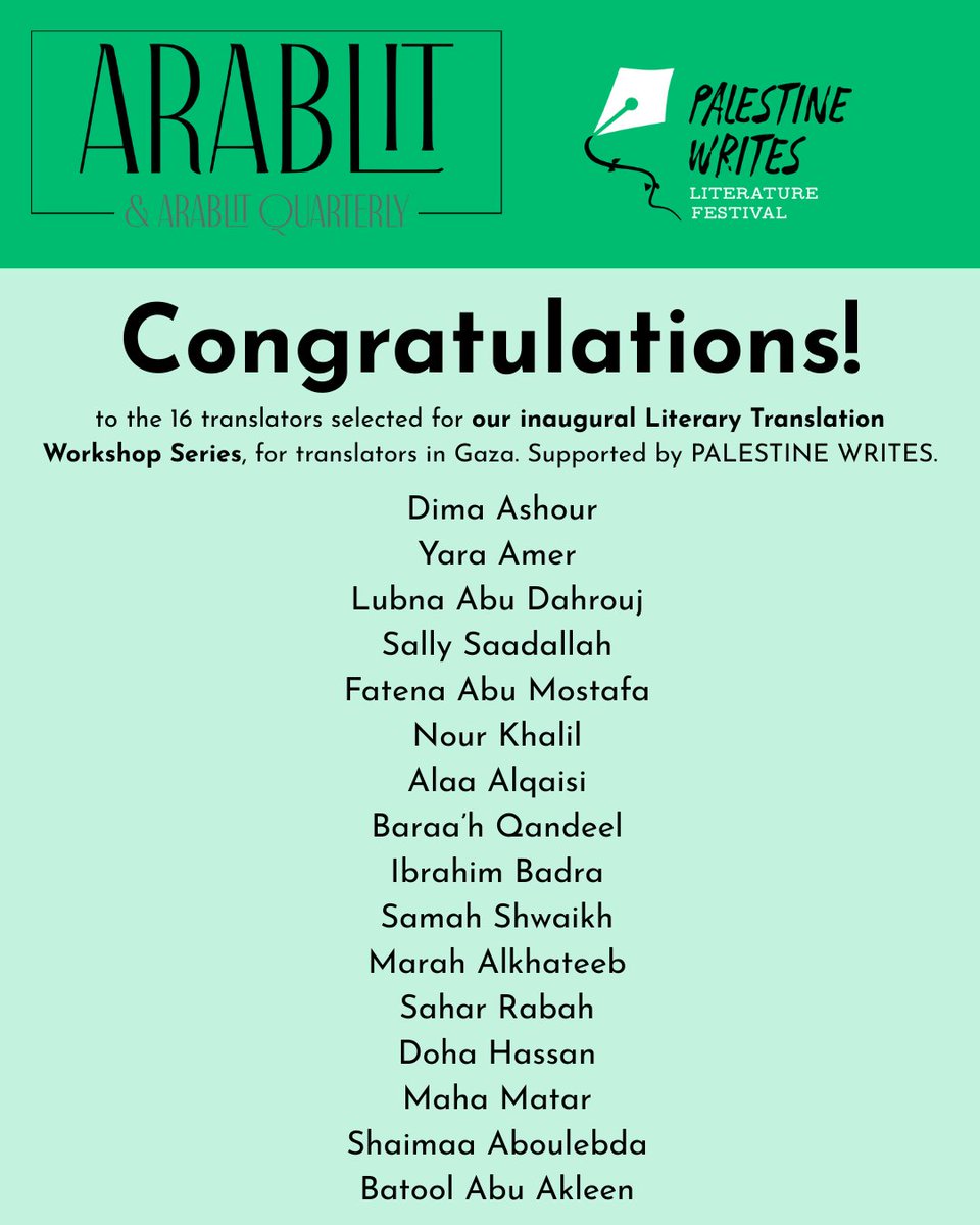 Salma Harland (@salmaharland) on Twitter photo Honoured to have been a guest speaker and to lead a workshop on translating classical Arabic poetry with <a href="/PalestineWrites/">Palestine Writes</a>/<a href="/arablit/">ArabLit & ArabLit Quarterly @arablit.bsky.social</a>. Even more meaningful was the chance to e-meet 16 brilliant translators from Gaza—bringing incredible passion & insight amid unimaginable hardship.🌿 Honoured to have been a guest speaker and to lead a workshop on translating classical Arabic poetry with <a href="/PalestineWrites/">Palestine Writes</a>/<a href="/arablit/">ArabLit & ArabLit Quarterly @arablit.bsky.social</a>. Even more meaningful was the chance to e-meet 16 brilliant translators from Gaza—bringing incredible passion & insight amid unimaginable hardship.🌿