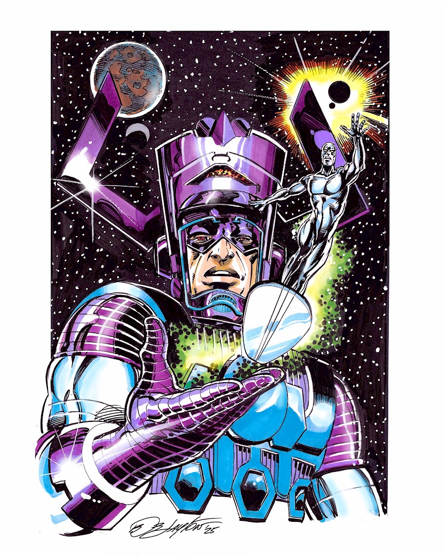 Bob_Layton's tweet image. This 9" x 12" Galactus and the Silver Surfer is the final of the commissioned drawings done in advance of my appearance last week at @InkinkArt in Singapore. My thanks to the InkInk crew for a wonderful experience! @Marvel @FantasticFour #Galactus #SilverSurfer