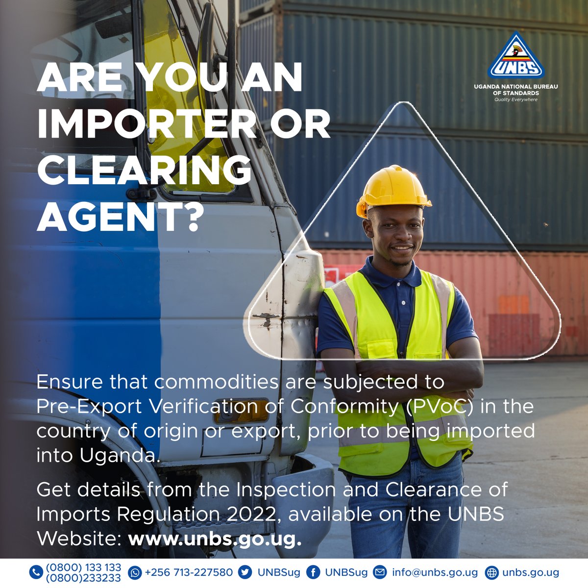 UNBSug's tweet image. Are  you an importer or clearing agent?

The Inspection and clearance of imports   regulation 2022 states that commodities shall, prior to being imported into   Uganda, be subjected to Pre-export Verification of Conformity (PVoC) to   Standards, in the country of origin or export…