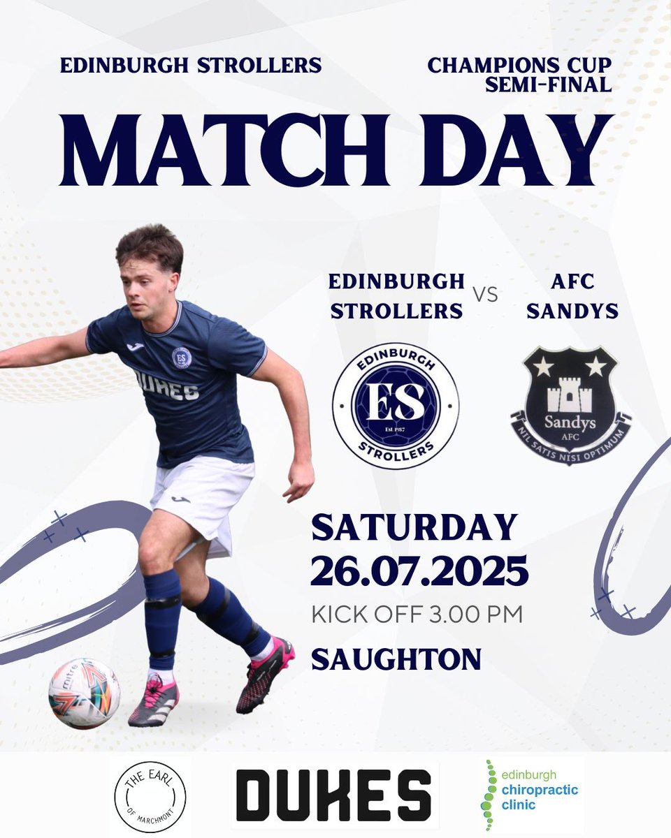 Edinburgh Strollers (@edinstrollersfc) on Twitter photo MATCHDAY
🆚 <a href="/AfcSandys/">Sandys Afc</a>
🏆 <a href="/LeafaOfficial/">Official_LEAFA</a> Champions Cup Semi-Final
⏰ 3pm KO
📍 Saughton 3G
<a href="/scottish_aff/">AmateurFixturesResultsSCO</a> <a href="/L1veAtTheAmmys/">Live At The Ammys</a> <a href="/ScotAmFA/">Scottish Amateur FA</a>
Sponsors:
Dukes
The Earl of Marchmont
<a href="/ChiroEdinburgh/">EdinburghChiro</a>
🔵⚪️🔵⚪️ MATCHDAY
🆚 <a href="/AfcSandys/">Sandys Afc</a>
🏆 <a href="/LeafaOfficial/">Official_LEAFA</a> Champions Cup Semi-Final
⏰ 3pm KO
📍 Saughton 3G
<a href="/scottish_aff/">AmateurFixturesResultsSCO</a> <a href="/L1veAtTheAmmys/">Live At The Ammys</a> <a href="/ScotAmFA/">Scottish Amateur FA</a>
Sponsors:
Dukes
The Earl of Marchmont
<a href="/ChiroEdinburgh/">EdinburghChiro</a>
🔵⚪️🔵⚪️