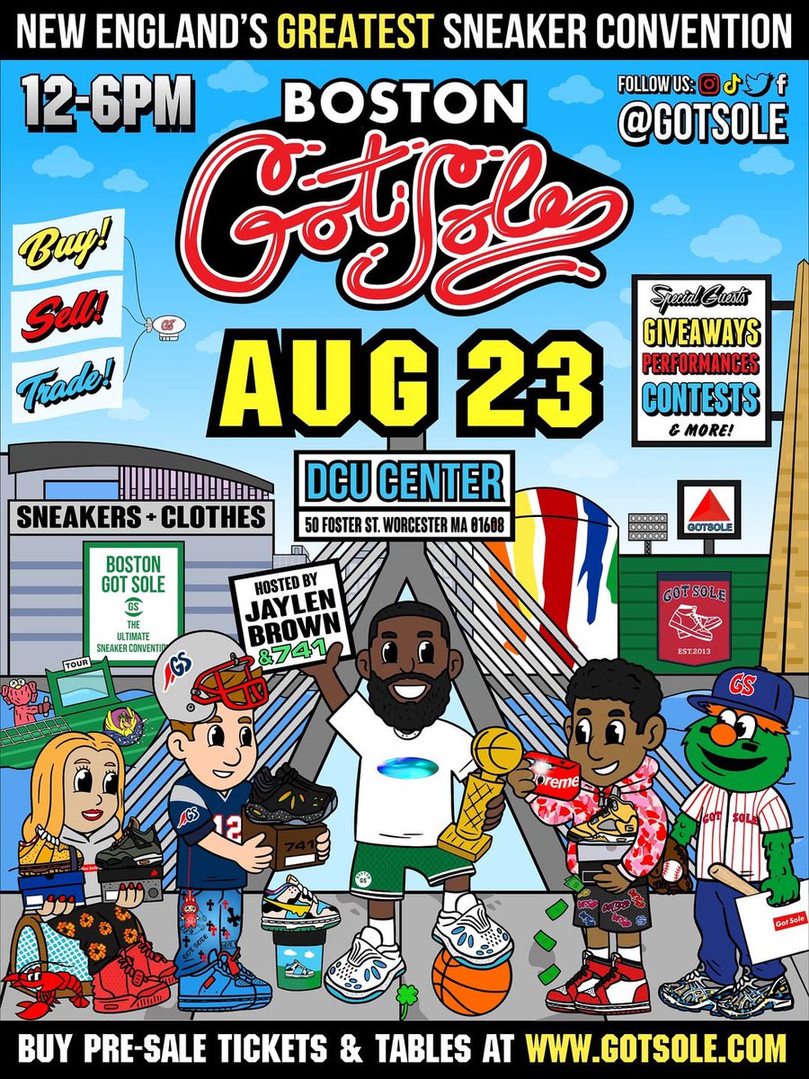 DCUCenter's tweet image. 👟 Got Sole celebrates 12 years on Saturday, Aug. 23 with Celtics legend Jaylen Brown as host! New England’s BIGGEST Sneaker Convention returns to the DCU Center!
🎟️ VIP tickets WILL sell out — don’t wait! Tap the link in our bio to get your tickets NOW!