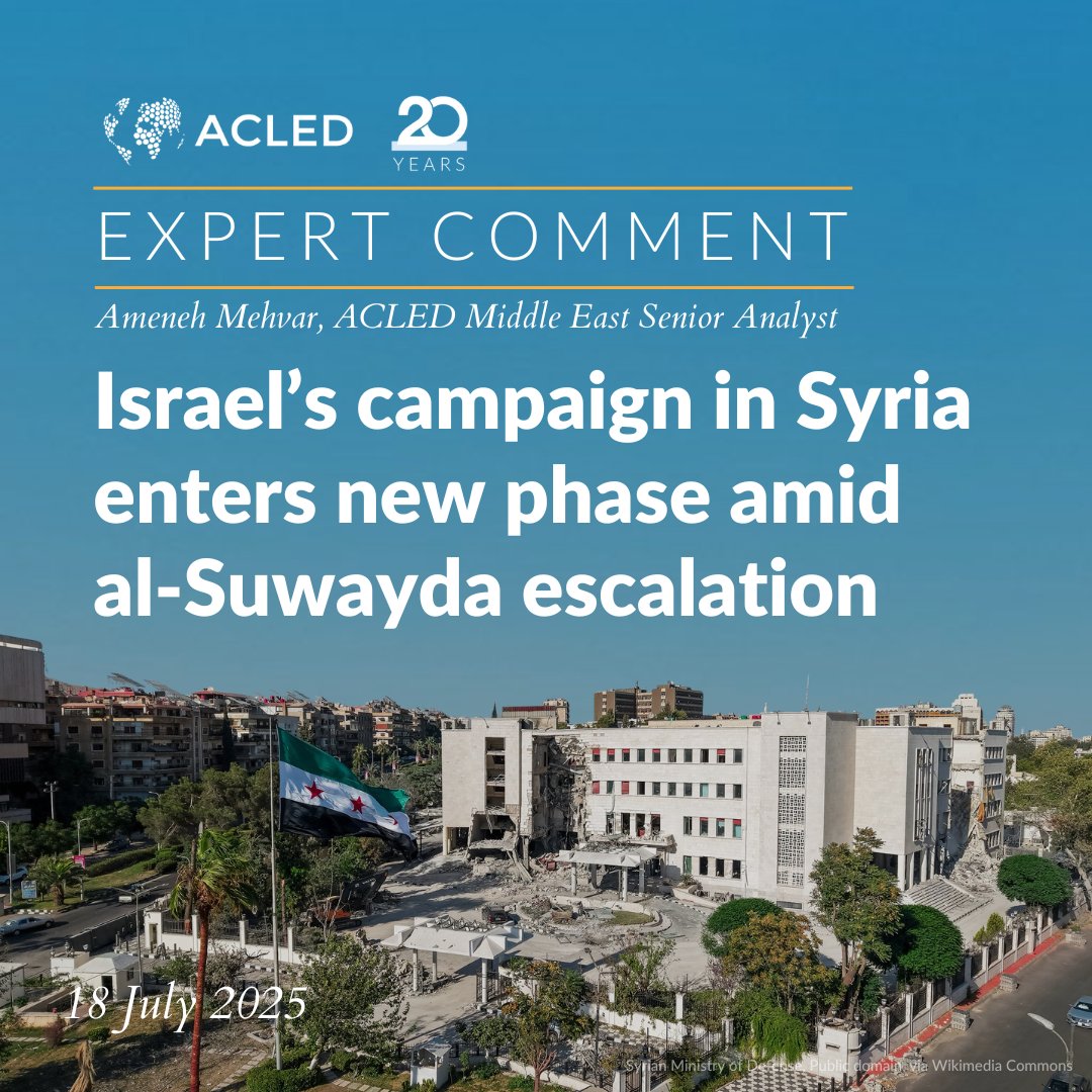 ACLEDINFO's tweet image. Israel has been expanding its footprint in #Syria —seizing parts of the Golan buffer zone, reinforcing its military presence along the border, & demanding full demilitarization of the south. Amid renewed clashes in al-Suwayda, instability persist.
🔎acleddata.com/2025/07/18/exp…