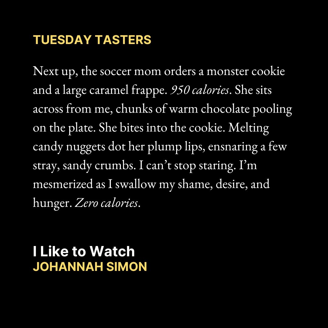 Tues Taster: I Like to Watch by <a href="/JohannahWrites/">Johannah</a> 

In this sharp, voyeuristic micro, shame, desire, &amp; hunger are explored with unsettling intimacy. What begins as a mundane moment in a café soon unravels into a disquieting reflection on control &amp; longing.

Read it now in Issue 4.