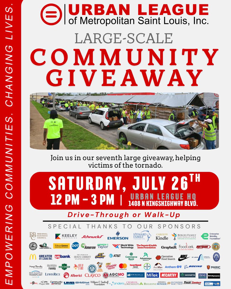 MMULSTL's tweet image. PLEASE SPREAD THE WORD TO ANYONE IN NEED! THE URBAN LEAGUE @ULSTL & OUR PARTNERS ARE HOSTING OUR SEVENTH LARGE SCALE FOOD, TOILETRIES AND RESOURCE DISTRIBUTION THIS SATURDAY FROM 12-3 AT OUR HEADQUARTERS FOR VICTIMS OF THE TORNADO AND ANYONE IN NEED! Thank you to everyone who is…