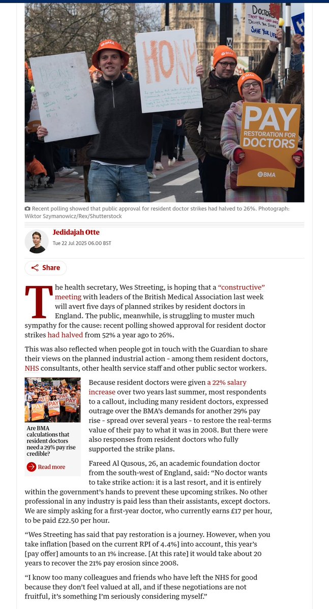 FareedAlQusous's tweet image. 28.9% pay uplift seems like a big number, but when you take that into pounds per hour, it represents an extra 4£/hr split over 3 years without taking into account inflation, an extra 1.3£/hr a year. See my comment on the guardian below 👇
theguardian.com/society/2025/j…