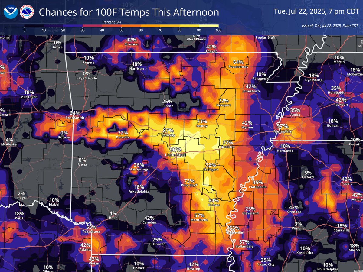 NWSLittleRock's tweet image. Good Morning Arkansas!
It's a new day, but the same story. Hazardous heat and humidity remains in place, and triple digit afternoon heat is expected across central to east Arkansas.
#arwx