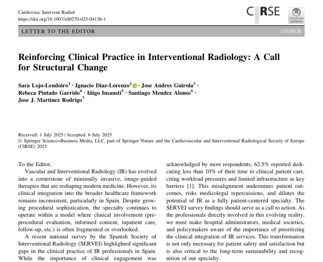 Sara Lojo (@saralojo86) on Twitter photo 📢 New in <a href="/CVIR_Journal/">CVIR Journal</a> !
“Reinforcing Clinical Practice in Interventional Radiology: A Call for Structural Change”
👉 doi.org/10.1007/s00270…
We call for a shift in #InterventionalRadiology:
🩺 More clinical presence
🤝 Multidisciplinary care
📈 Better outcomes 📢 New in <a href="/CVIR_Journal/">CVIR Journal</a> !
“Reinforcing Clinical Practice in Interventional Radiology: A Call for Structural Change”
👉 doi.org/10.1007/s00270…
We call for a shift in #InterventionalRadiology:
🩺 More clinical presence
🤝 Multidisciplinary care
📈 Better outcomes