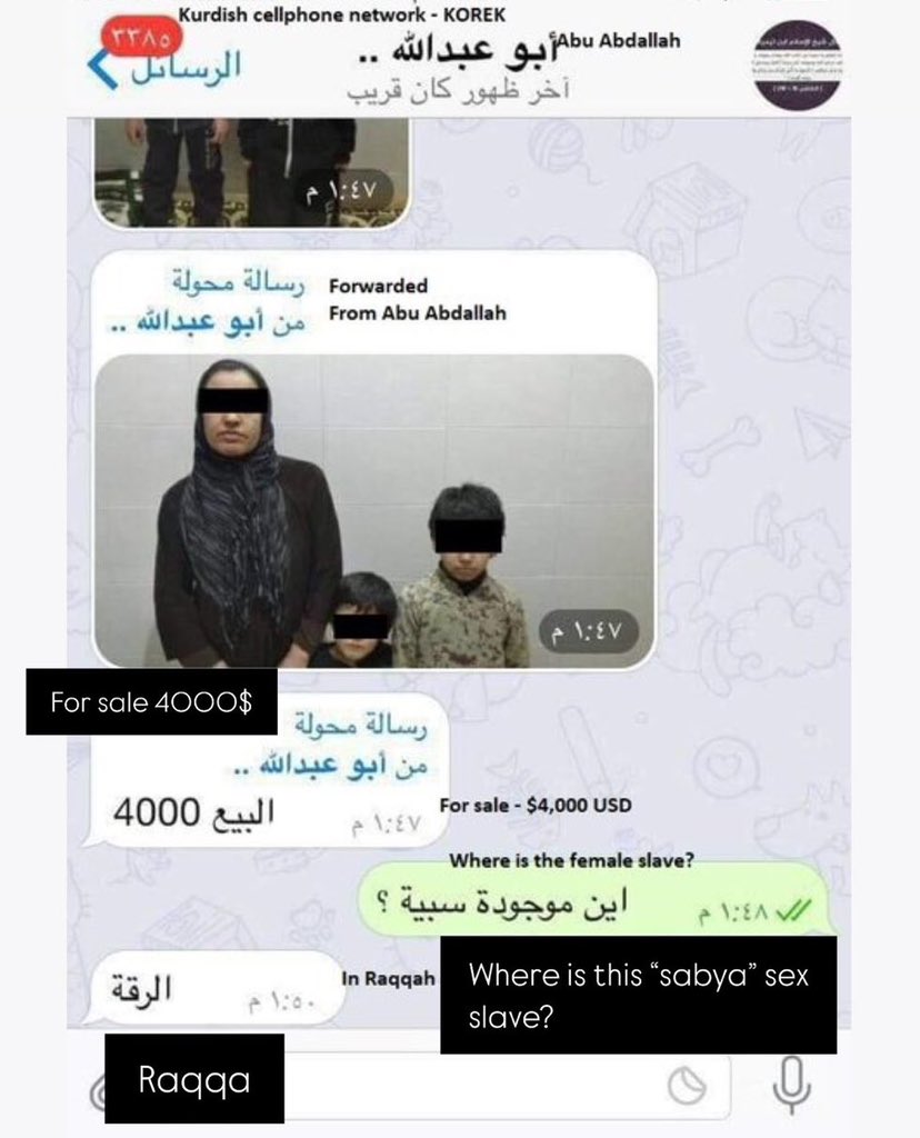 pmg2e5jg's tweet image. Remember that Yazidi women were sold online in ISIS slave markets.
This Yazidi woman was "for sale for $4,000."
ISIS sold Yazidi women for cigarettes or as gifts during Islamic holidays through mosques before prayers.