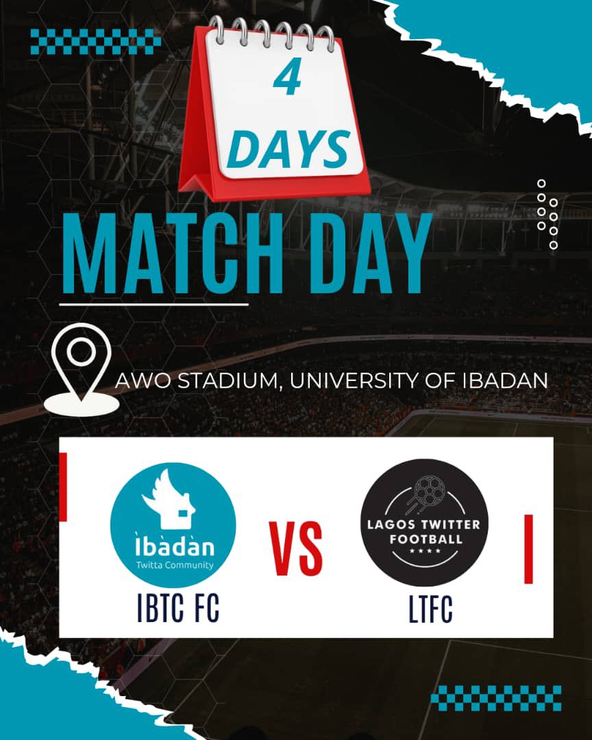 4 DAYS TO GO!

This isn’t just a match, it’s a reality check.
IBTC FC no dey talk too much, we press high and humble gently. 😎🔥

Awo Stadium is set. Ibadan is ready.

Lagos Barbiesssss!! Bring it on. 

#IbadanVsLagos