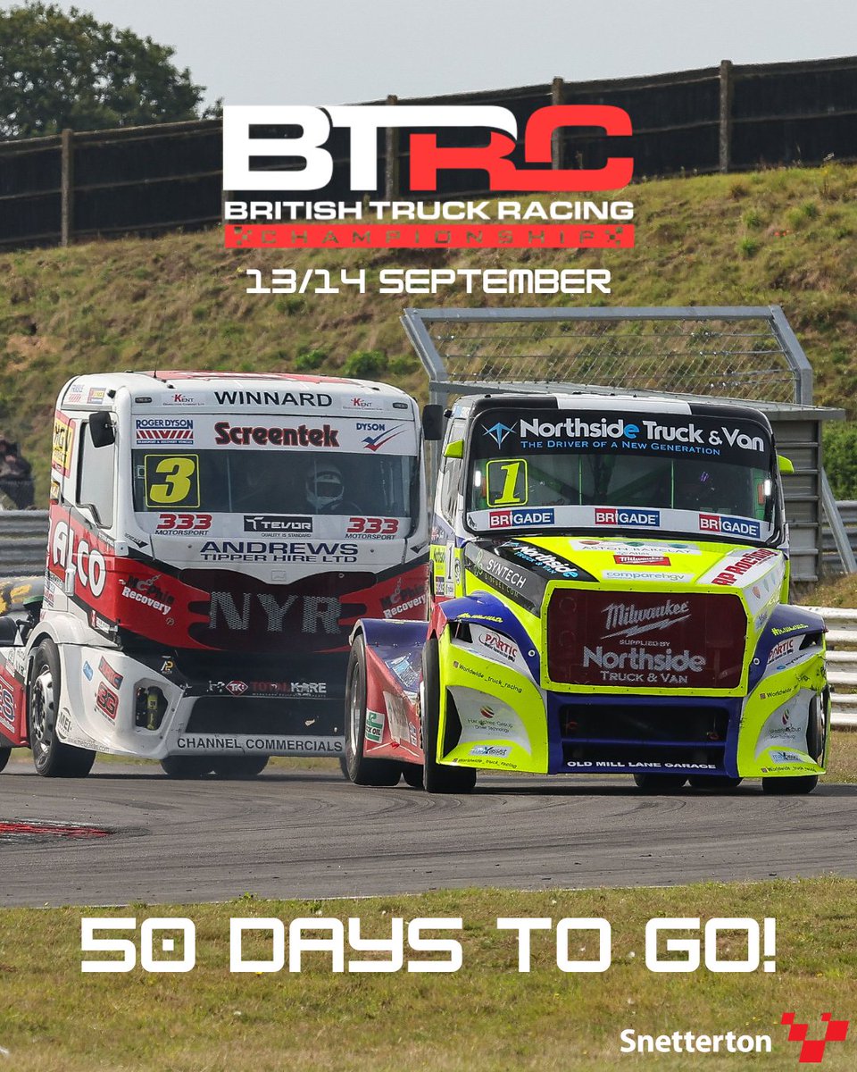 There's only 5️⃣0️⃣ days to go until the British Truck Racing Championship thunders into Snetterton on 13/14 September!🚛

Witness the titans of motorsport clash across a quintet of races🥊

Discounted advance tickets are available 🎟 Under-13s go FREE!

🔗: snetterton.co.uk/2025/september…