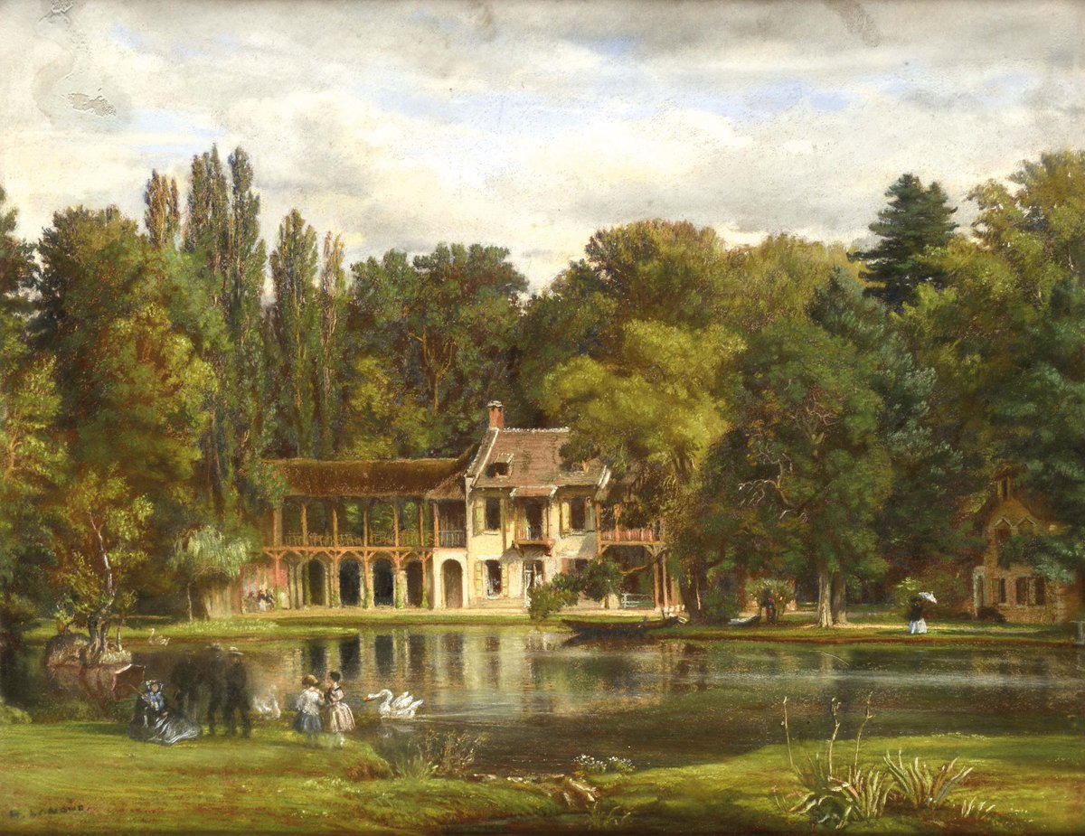 invitinghistory's tweet image. A view of the hameau de la reine by Félix Hippolyte Lanoue, 19th century.