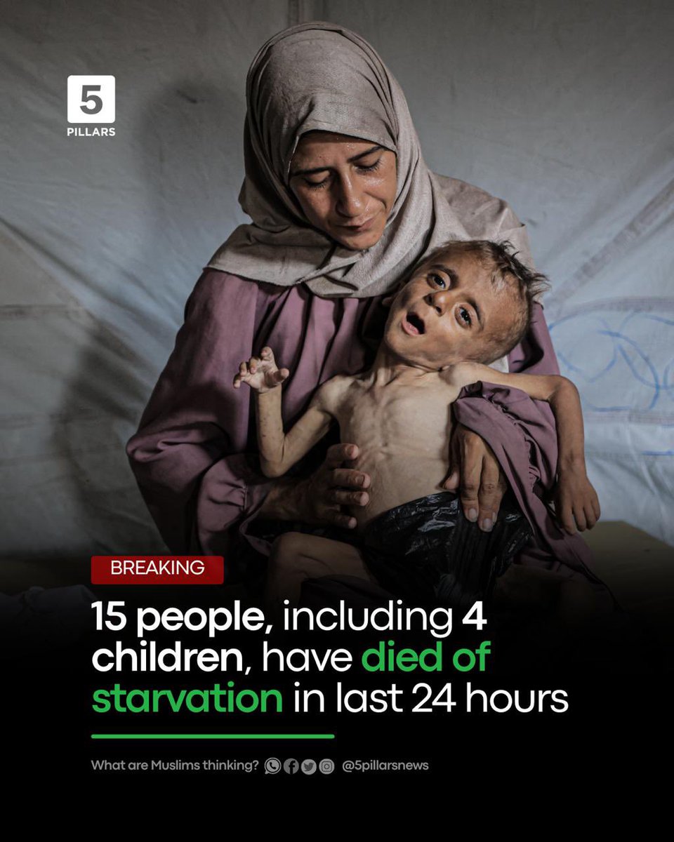 5Pillarsuk's tweet image. Gaza’s Ministry of Health has reported that 15 people, including four children, have died of starvation in the last 24 hours.
Despite this, Israeli forces are still killing Palestinians who are seeking aid.
92 people were shot dead while trying to get food at the Zikim crossing…