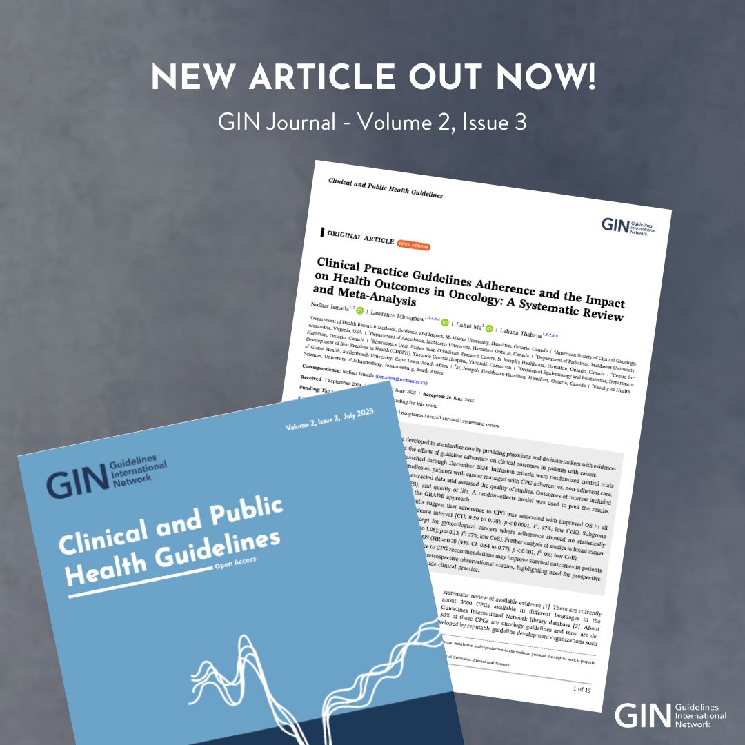 gin_member's tweet image. 📢 New article published in the GIN Journal!
"Clinical Practice Guidelines Adherence and the Impact on Health Outcomes in Oncology: A Systematic Review and Meta-Analysis" 👉 onlinelibrary.wiley.com/doi/epdf/10.10…
Learn more about the GIN Journal on our website: g-i-n.net/gin-journal
