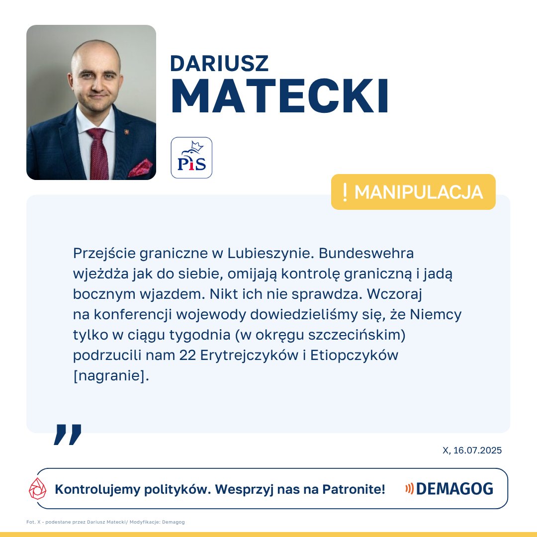 DemagogPL's tweet image. 🗣️Niemieckie wojsko wjeżdża do Polski bez kontroli? Wypowiedź @DariuszMatecki z @pisorgpl to ⚠️ #manipulacja.
🤔 Polityk opublikował nagranie, na którym widać samochód niemieckiej armii. Zdaniem Mateckiego pojazd miał ominąć kontrolę, na następnie podrzucić grupę 22 migrantów w…