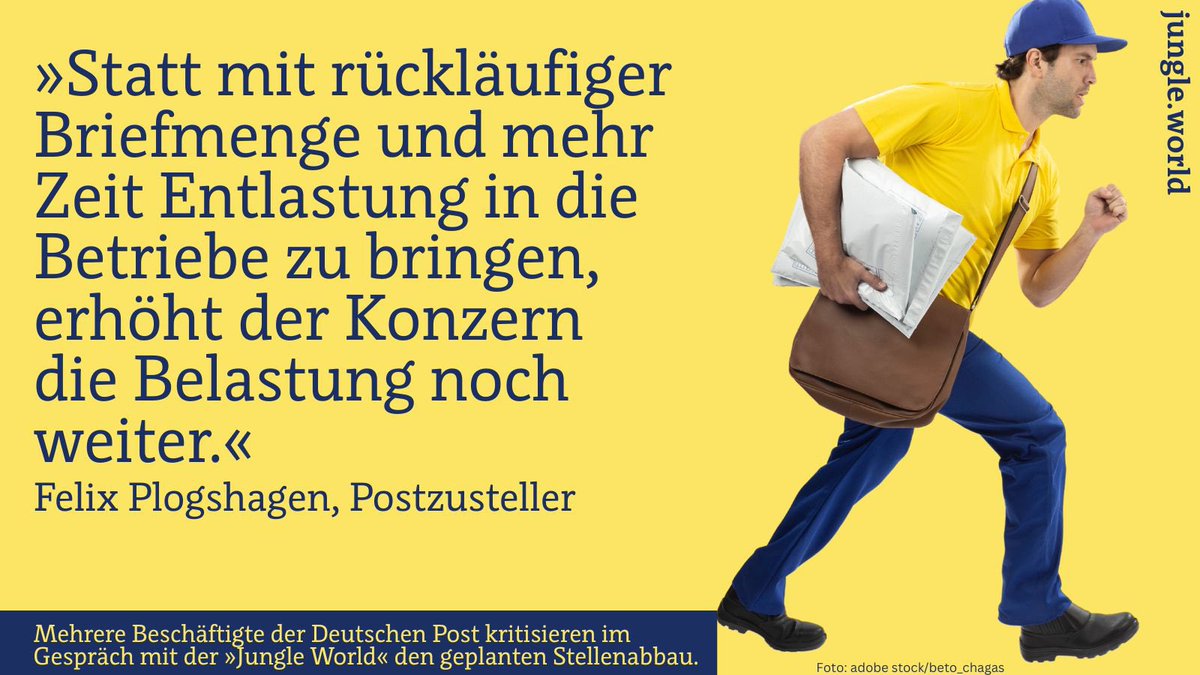 Jungle_World's tweet image. Ein neuer Tarifvertrag und mehr Zeit beim Zustellen der Briefe: Man sollte meinen, die Arbeitsbelastung bei der Deutschen Post sei zurückgegangen. Die Beschäftigten berichten allerdings etwas anderes (J+)
jungle.world/artikel/2025/2…