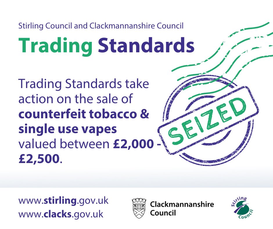 StirlingCouncil's tweet image. 🚭 Stirling and Clackmannanshire Councils’ Trading Standards Service has taken action against a local business suspected of selling illegal tobacco and vape products.
Trading Standards Officers were accompanied by officers from the Community Police Team to conduct the…