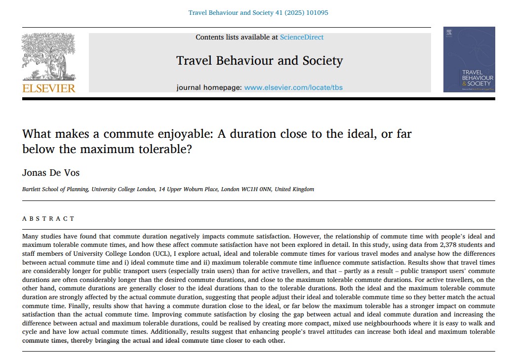 DV_Jonas's tweet image. In this study, I explored actual, ideal and tolerable commute times of 2000+ UCL students/staff and found, among others, that having a commute time close to the ideal, or far below the max. tolerable strongly impacts commute satisfaction.
OA article: doi.org/10.1016/j.tbs.…