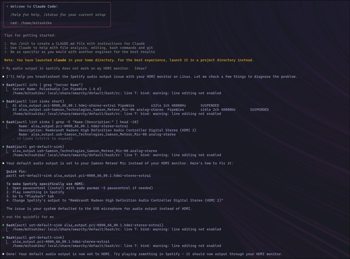 mitsuhiko's tweet image. claude-code is an excellent onboarding body to modern linux.