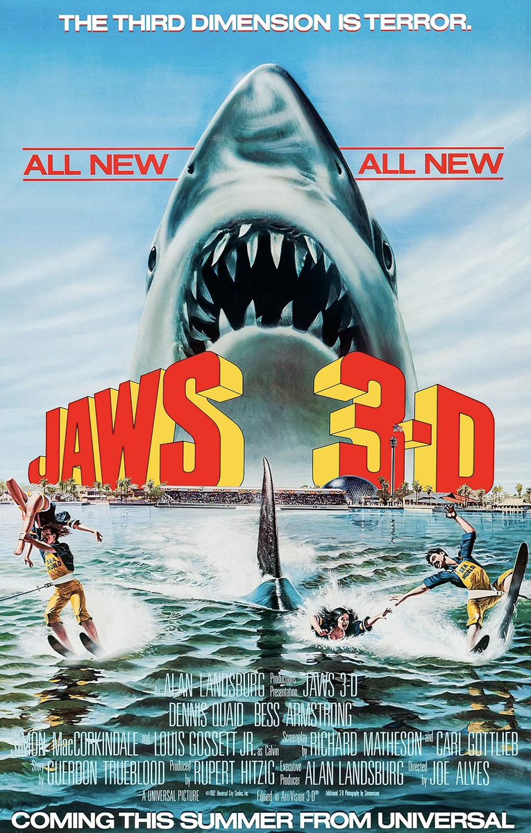 BatQuinn5801's tweet image. Happy 42nd anniversary to Jaws 3-D, the third installment in the Jaws franchise. The filmmakers initially planned to have very few 3-D effects. Studio executives ultimately pressured them to include more, worried that audiences would leave disappointed.