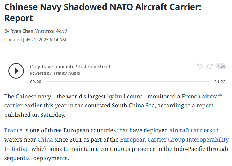 DWalpiri's tweet image. China tracked and shadowed a French aircraft carrier during its lawful Indo-Pacific deployment, forgetting that its own neighbor invited it to counter China’s expansionism.
If China wants NATO's 'meddling' gone, it should stop its own meddling, vacate the islands & get out.
