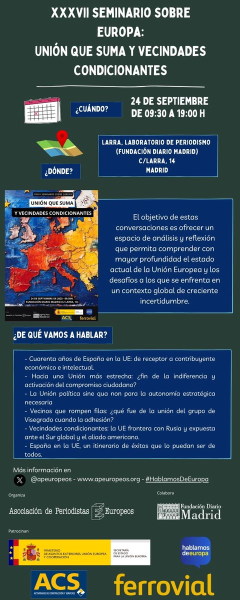 Fundación Diario MADRID (@f_diariomadrid) on Twitter photo ⏰El 24 de septiembre, en nuestra sede de Larra, <a href="/apeuropeos/">Asociación de Periodistas Europeos</a> organiza la 37 edición del Seminario sobre Europa.
ℹ️Programa y novedades: fundaciondiariomadrid.com/union-que-suma…
👉Inscripciones: forms.gle/FnXwQdESEt2KHV… #HablamosDeEuropa ⏰El 24 de septiembre, en nuestra sede de Larra, <a href="/apeuropeos/">Asociación de Periodistas Europeos</a> organiza la 37 edición del Seminario sobre Europa.
ℹ️Programa y novedades: fundaciondiariomadrid.com/union-que-suma…
👉Inscripciones: forms.gle/FnXwQdESEt2KHV… #HablamosDeEuropa