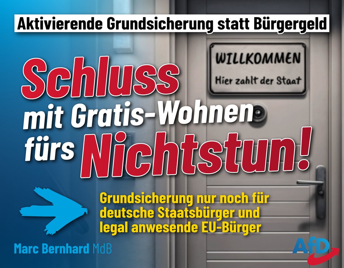 MarcBernhardAfD's tweet image. Aktivierende Grundsicherung statt Bürgergeld – Schluss mit Gratis-Wohnen fürs Nichtstun! 🛑

💰 Was @_FriedrichMerz uns als angebliche „Bürgergeld-Reform“ verkauft, ist nichts als heiße Luft und wird von der wahren Kanzlerpartei @spdbt eh sofort wieder kassiert. Die völlig…