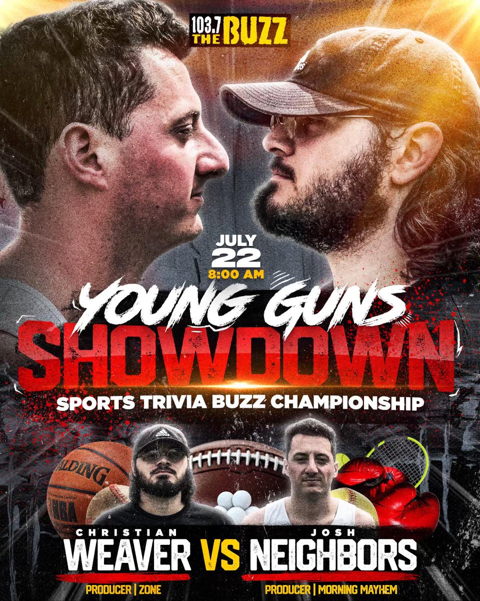 1037TheBuzz's tweet image. MORNING MAYHEM IS LIVE FROM THE @OaklawnRacing STUDIOS WITH @DavidBazzel @RogerDoyleScott & @JoshNeighbors_
7:05 - Rick Schaeffer (@EdwardFoodGiant)
7:30 - @PGA_JohnDaly (@Moes_HQ)
8:05 - @Cweaver1037 vs. @JoshNeighbors_ 'Young Guns Showdown'
8:30 - @chuckgatlin (Hubbard Power…