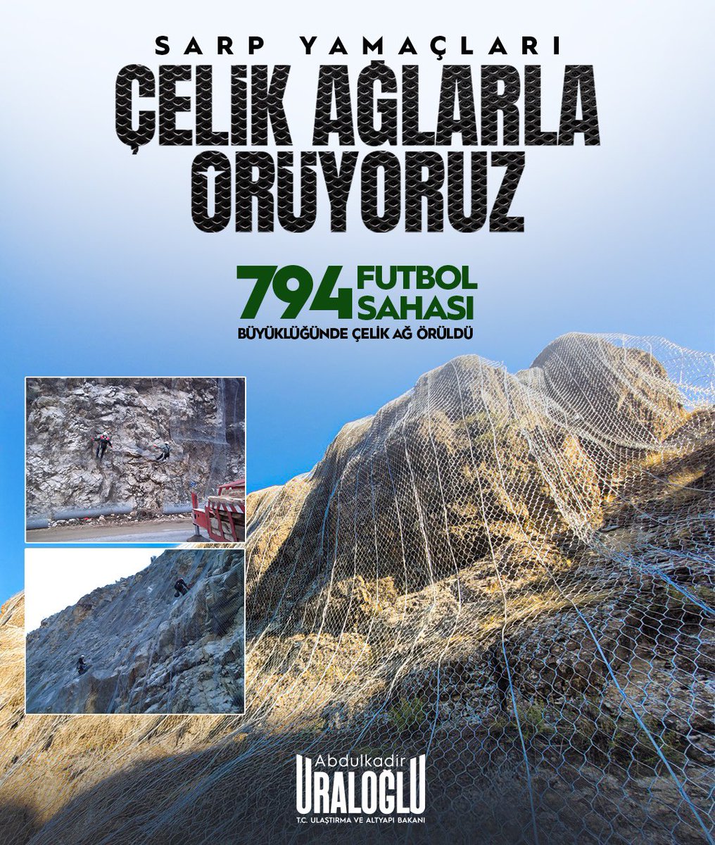 Sarp Yamaçlara Çelik Zırh 🕸️

Afetlere yönelik alınan önlemler ve afet sonrası yürütülen çalışmalar kapsamında;

2025’in ilk yarısında, 37 bin 400 metrekare çelik ağ uygulaması gerçekleştirerek ülke genelinde çelik ağ uygulamasını yaklaşık 5,7 milyon metrekareye ulaştırdık.