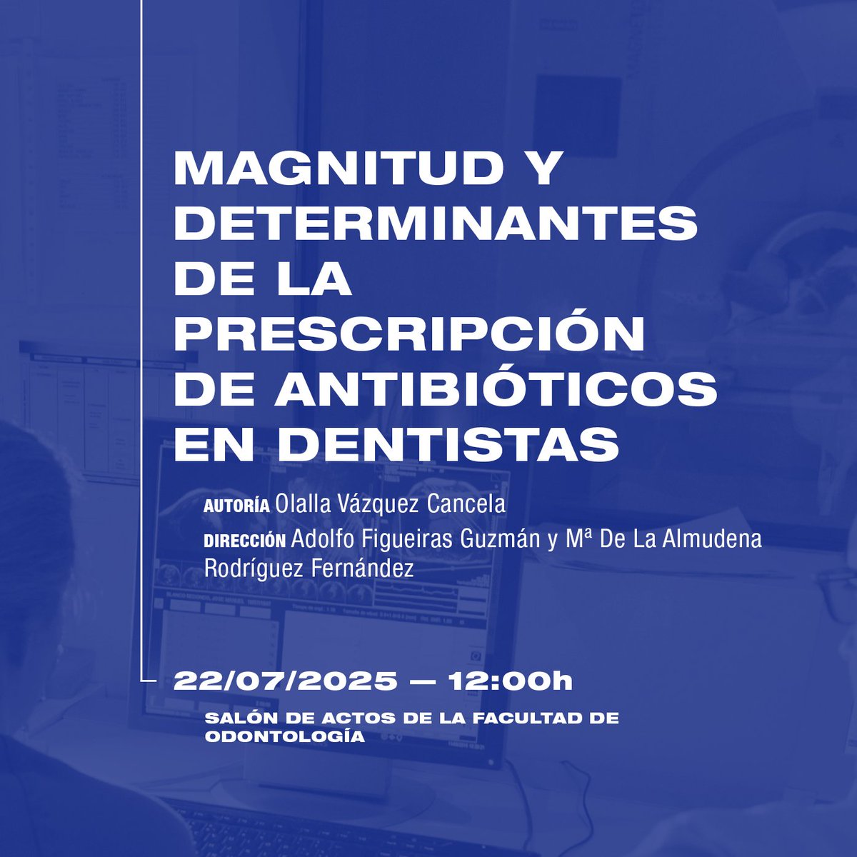 idis_research's tweet image. Hoy tenemos #TesisDelIDIS
🎓 Olalla Vázquez Cancela
✍️ "Magnitud y determinantes de la prescripción de antibióticos en dentistas"
👨🏫 Adolfo Figueiras Guzmán y Mª De La Almudena Rodríguez Fernández
📌22/07/2025, 12:00h, Salón de Actos de la Facultad de Odontología