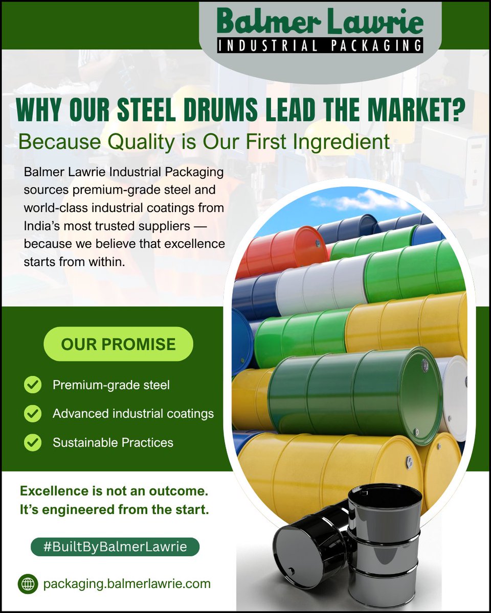 Balmer_Lawrie's tweet image. Not all steel drums are created equal. Ours are crafted to lead. At Balmer Lawrie Industrial Packaging, quality is non-negotiable. Behind every steel drum lies a promise of quality, strength &amp;amp; reliability
#BuiltByBalmerLawrie #MarketLeaders #SteelDrums  #BalmerLawrie