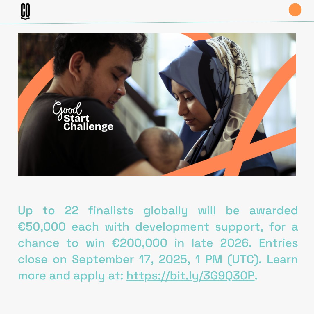 WeAreCohere_Org's tweet image. The #GoodStartChallenge is a €2.6M global challenge led by @vanleerfdn & @Challenge_Works to advance innovative solutions that improve parent & caregiver wellbeing across the globe. Up to €200k in funding available for the best ideas. Find out more at bit.ly/3G9Q30P…