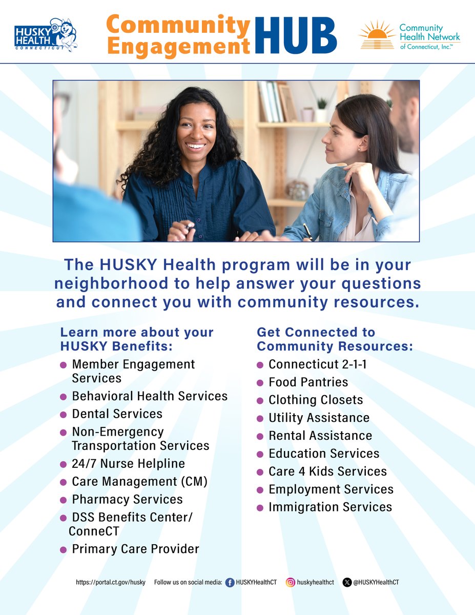 The HUSKY Health program will have a resource table today in East Hartford and Middletown. We can help answer your questions and connect you with community resources. For more details, please visit: l8r.it/rfb8