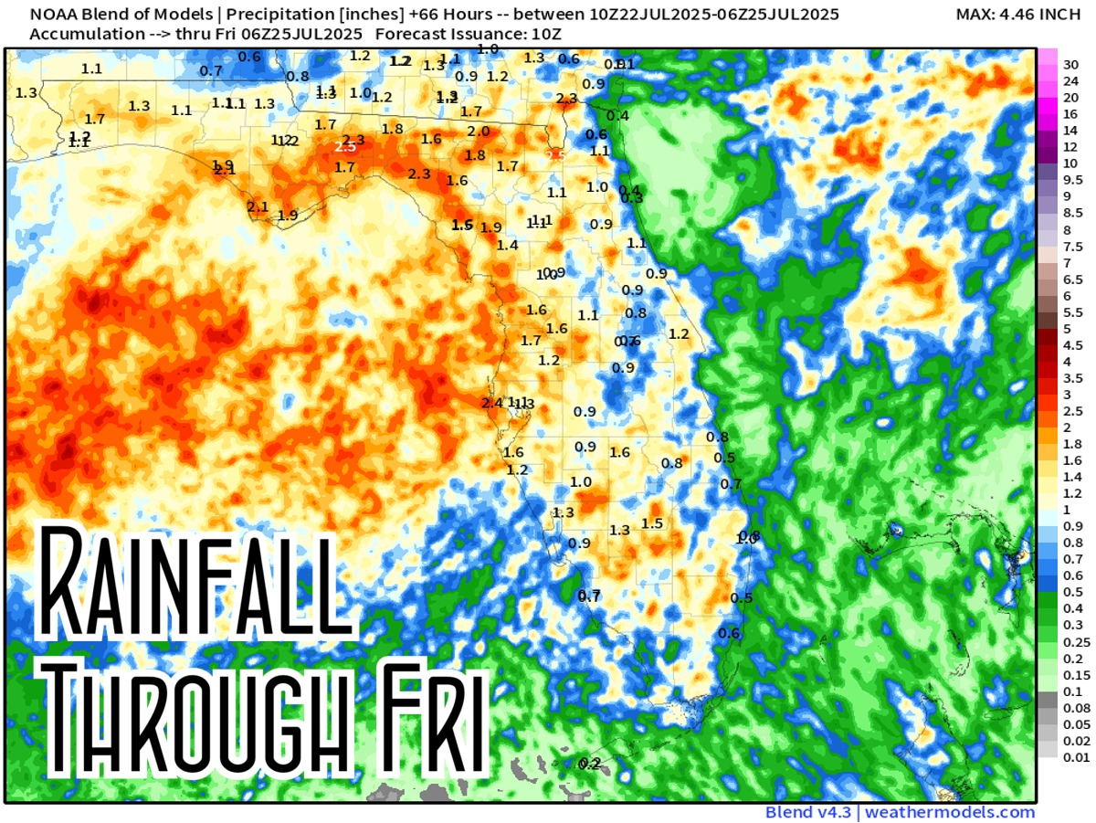tropicalupdate's tweet image. Florida rainfall is on the increase the next several days. Totals through Thursday here. Moisture in the air coming in from the Atlantic will flow westward across the Gulf. This is a blend of models map so idea is strong. Who gets exactly what is always a mystery.…