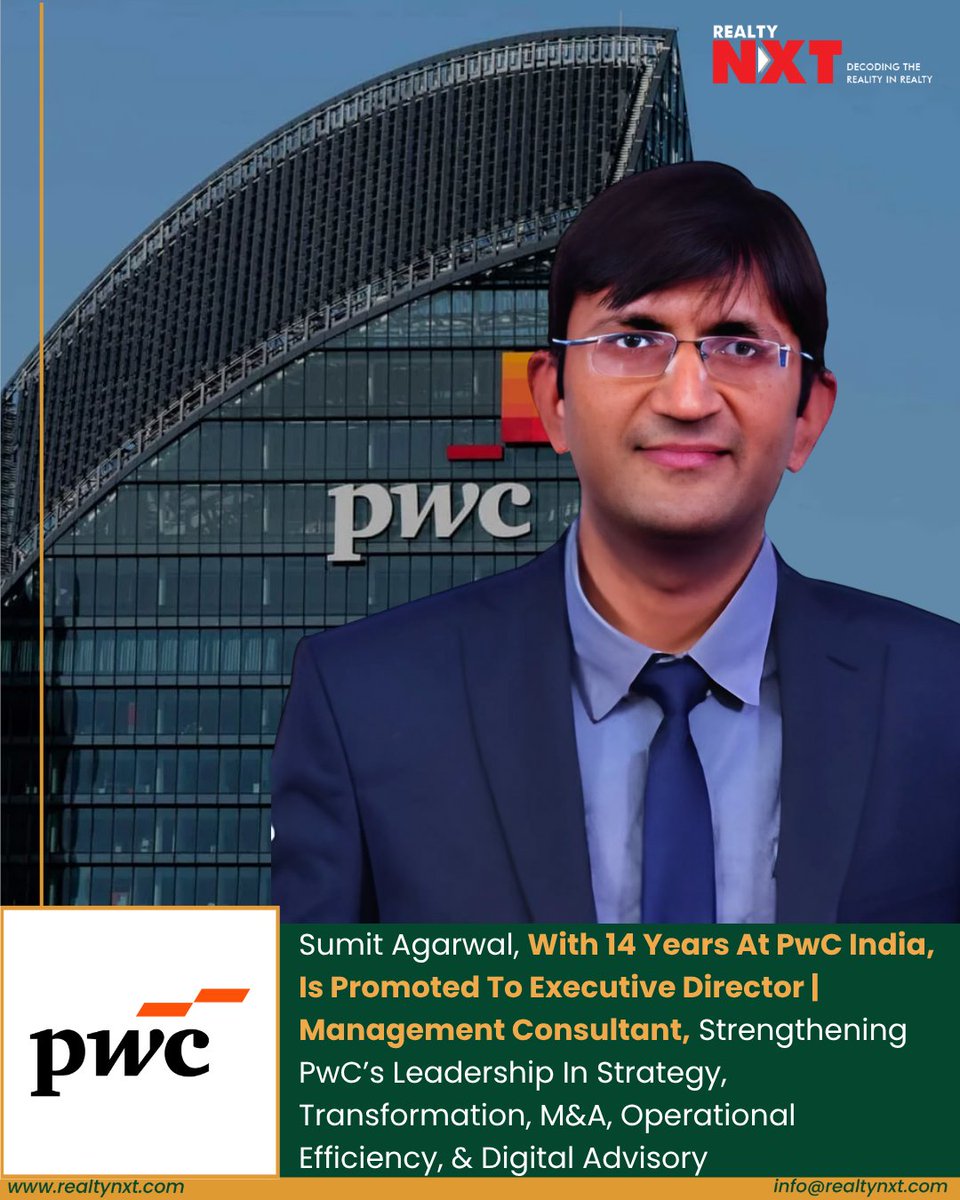RealtyNXT's tweet image. #News | Sumit Agarwal joins PwC India’s executive ranks, bringing global consulting experience, M&amp;amp;A expertise, and proven operational leadership.

#RealtyNXT #PwCIndia #LeadershipMove #SumitAgarwal #StrategyConsulting #BusinessTransformation