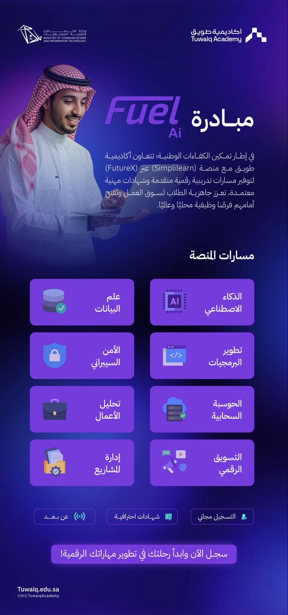 مبادرة Fuel AI‼️

مميزات البرنامج:
شهادات مهنية معتمدة عالميًا
برامج تدريبية متخصصة وحديثة
شهادات عالمية تعزز فرص التوظيف
التعلم الذاتي المرن والمتقدم

للتسجيل 

forms.nelc.gov.sa/ar/tuwaiq/fuel