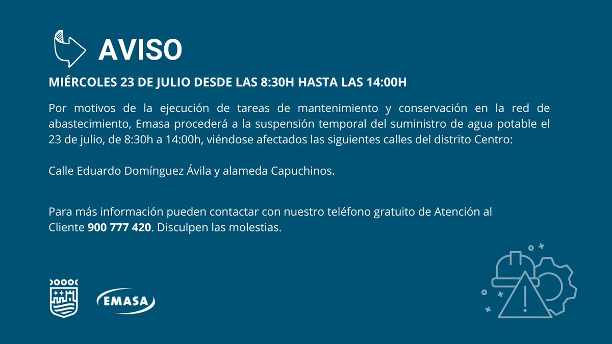 EMASA (@emasamalaga) on Twitter photo ⚠ #AvisosEMASA
Mañana 23 de julio habrá una suspensión temporal del suministro de agua potable, afectando a zonas del Distrito Centro.
Más información en emasa.es/agenda/aviso-d…
<a href="/malaga/">Ciudad de Málaga</a> <a href="/distrito1malaga/">Distrito 1 Centro de Málaga</a> ⚠ #AvisosEMASA
Mañana 23 de julio habrá una suspensión temporal del suministro de agua potable, afectando a zonas del Distrito Centro.
Más información en emasa.es/agenda/aviso-d…
<a href="/malaga/">Ciudad de Málaga</a> <a href="/distrito1malaga/">Distrito 1 Centro de Málaga</a>