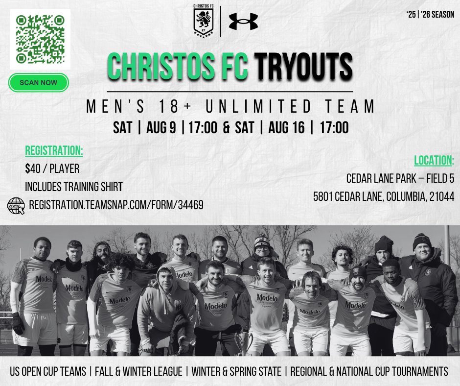 🚨 Tryouts Alert! 🚨
Christos FC — 7x National Champs 🏆
✅ Men's 18+ | Aug 9 &amp; 16 | 5PM
📍 Columbia, MD
💰 $40 (includes training shirt)
🔗 registration.teamsnap.com/form/34469
Come play for the best in MD.
#CTID #VamosChristos #FTB