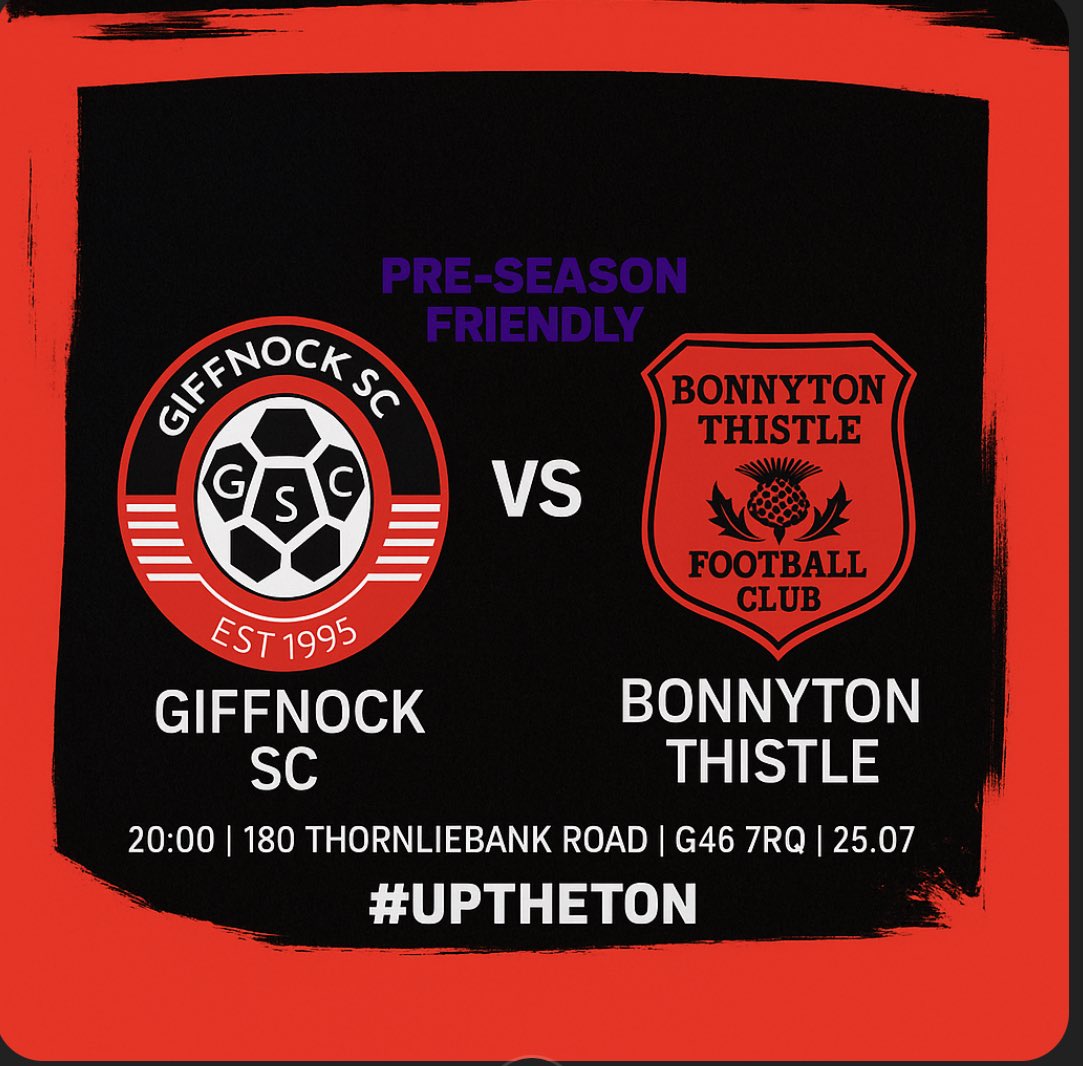 Bonnyton Thistle U20s (@bonnyton20s) on Twitter photo 🚨 Upcoming Fixture 🚨
🆚 <a href="/GiffnockSCU20s/">Giffnock SC Development Team</a> (A)
🏟️ 180 Thornliebank Road, G46 7RQ
📆 25.07.25
⚽️ 8pm 🚨 Upcoming Fixture 🚨
🆚 <a href="/GiffnockSCU20s/">Giffnock SC Development Team</a> (A)
🏟️ 180 Thornliebank Road, G46 7RQ
📆 25.07.25
⚽️ 8pm