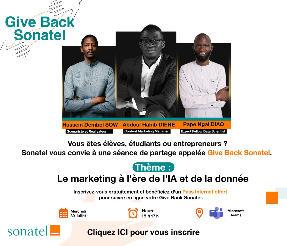 GroupeSonatel's tweet image. Et si on parlait Intelligence artificielle, data et marketing avec des experts ?
Sonatel vous invite à un webinar exclusif dans le cadre de ses 40 ans, pour vous inspirer sur les technologies du moment.
🎯 Thème : Le marketing à l’ère de l’intelligence artificielle et de la…