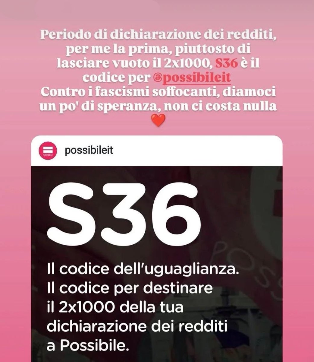 PossibileIt's tweet image. Con il codice S36 possiamo colmare il vuoto politico che ci circonda :)
Scrivilo nella sezione della dichiarazione dei redditi dedicata al finanziamento ai partiti e sostieni le nostre battaglie!