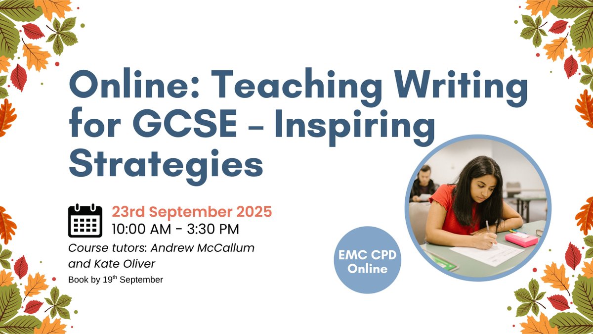 EngMediaCentre's tweet image. EMC CPD Online: Teaching Writing for GCSE – Inspiring Strategies
“Engaging and thoughtful discussions with other teachers. I finished the session feeling inspired.”
Book by: 8am on 19th September
tinyurl.com/s9csb8mp