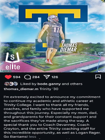 ✝️ Logan “LSL” Rager (@lslelite) on Twitter photo Congratulations to LSL ELITE <a href="/thomas_diemar/">Thomas Diemar 4⭐️</a> on his COMMITTMENT 2 TRINITY COLLEGE. TRINITY is an exceptional college & they got themselves an ELITE Long Snapper & an ELITE Athlete with a DYNAMIC PERSONALITY. Thanks for the shout out & again congratulations! Congratulations to LSL ELITE <a href="/thomas_diemar/">Thomas Diemar 4⭐️</a> on his COMMITTMENT 2 TRINITY COLLEGE. TRINITY is an exceptional college & they got themselves an ELITE Long Snapper & an ELITE Athlete with a DYNAMIC PERSONALITY. Thanks for the shout out & again congratulations!