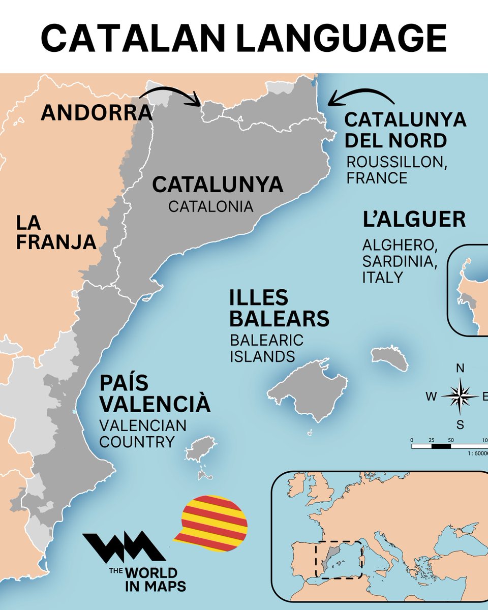 xruiztru's tweet image. Catalan language is spoken in 4 states:
👉 In Spain: Catalonia, Balearic Islands, Valencia & the eastern strip of Aragon.
👉 It's the only official language of Andorra.
👉 In France: in most of the Pyrénées Orientales departments in France.
👉 In Italy: Alguer, Sardinia.