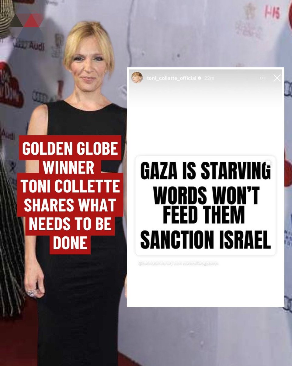 Partisan_12's tweet image. Golden Globe Winner Toni Collette:
"Gaza is Starving, Words won't feed them, Sanction Israel"